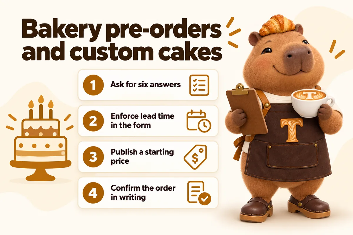 Infographic with Toast the mascot: Bakery pre-orders and custom cakes. 1 Ask for six answers, 2 Enforce lead time in the form, 3 Publish a starting price, 4 Confirm the order in writing.