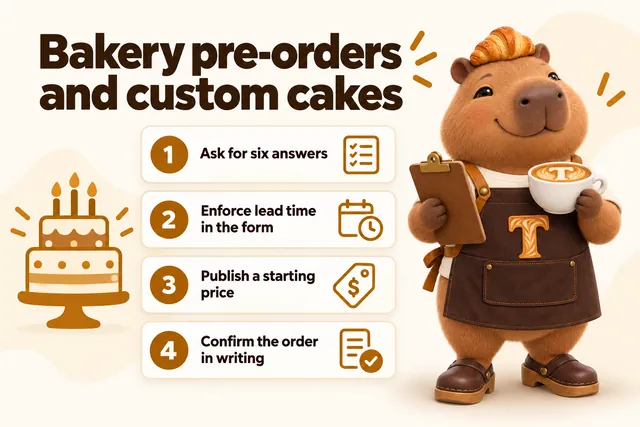 Infographic with Toast the mascot: Bakery pre-orders and custom cakes. 1 Ask for six answers, 2 Enforce lead time in the form, 3 Publish a starting price, 4 Confirm the order in writing.