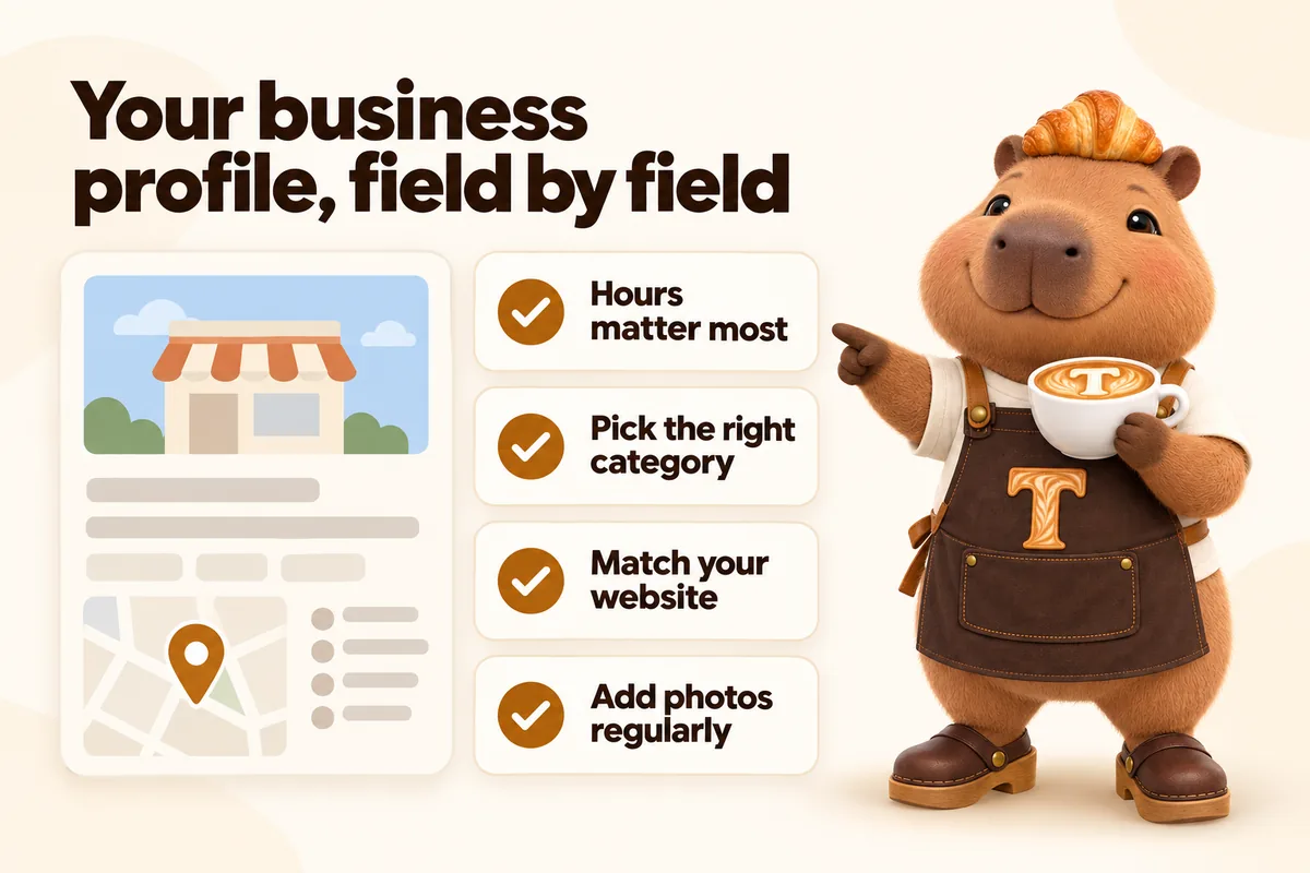 Infographic with Toast the mascot: Your business profile, field by field. Hours matter most, pick the right category, match your website, add photos regularly.