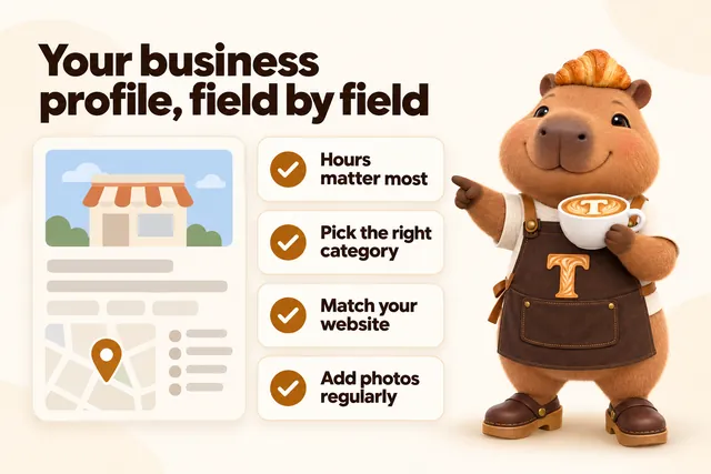 Infographic with Toast the mascot: Your business profile, field by field. Hours matter most, pick the right category, match your website, add photos regularly.