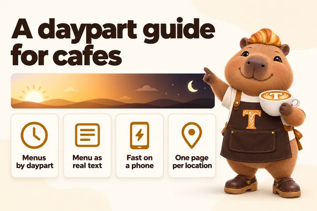 Infographic with Toast the mascot: A daypart guide for cafes. Menus by daypart, menu as real text, fast on a phone, one page per location.