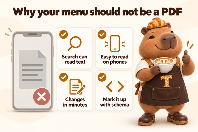 Infographic with Toast the mascot: Why your menu should not be a PDF. Search can read text, easy to read on phones, changes in minutes, mark it up with schema.