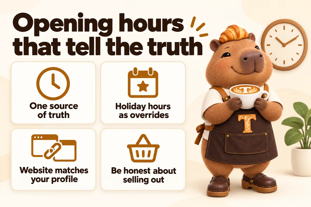 Infographic with Toast the mascot: Opening hours that tell the truth. One source of truth, holiday hours as overrides, website matches your profile, be honest about selling out.