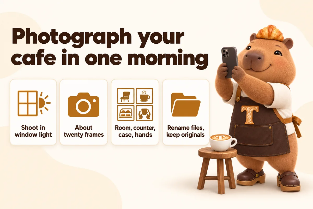 Infographic with Toast the mascot: Photograph your cafe in one morning. Shoot in window light, about twenty frames, room, counter, case, hands, rename files, keep originals.