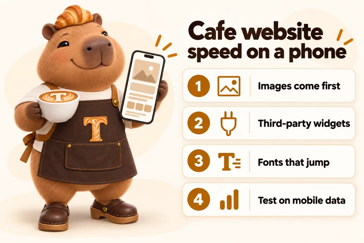 Infographic with Toast the mascot: Cafe website speed on a phone. 1 Images come first, 2 Third-party widgets, 3 Fonts that jump, 4 Test on mobile data.