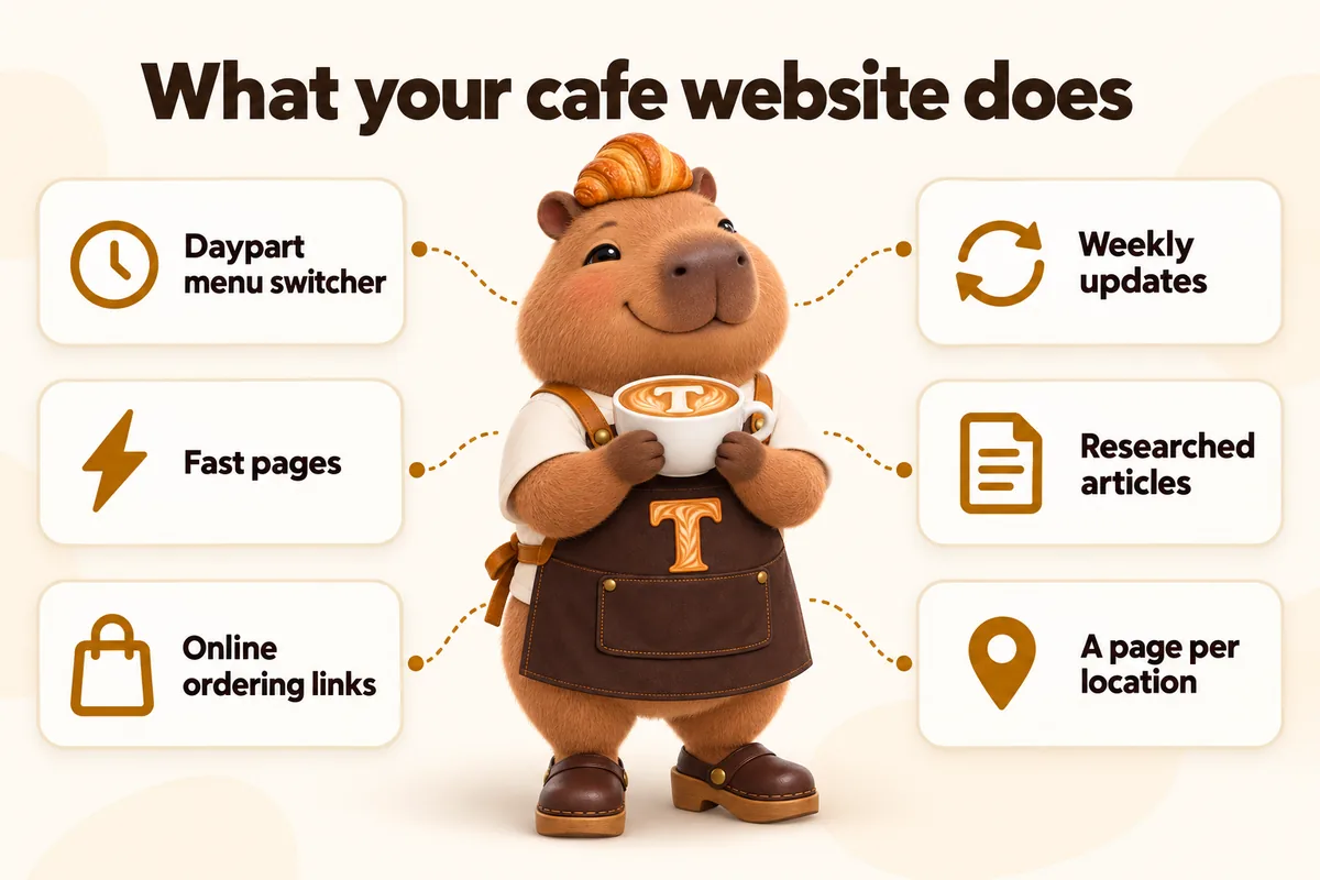 Infographic with Toast the mascot: What your cafe website does. Daypart menu switcher, fast pages, online ordering links, weekly updates, researched articles, a page per location.