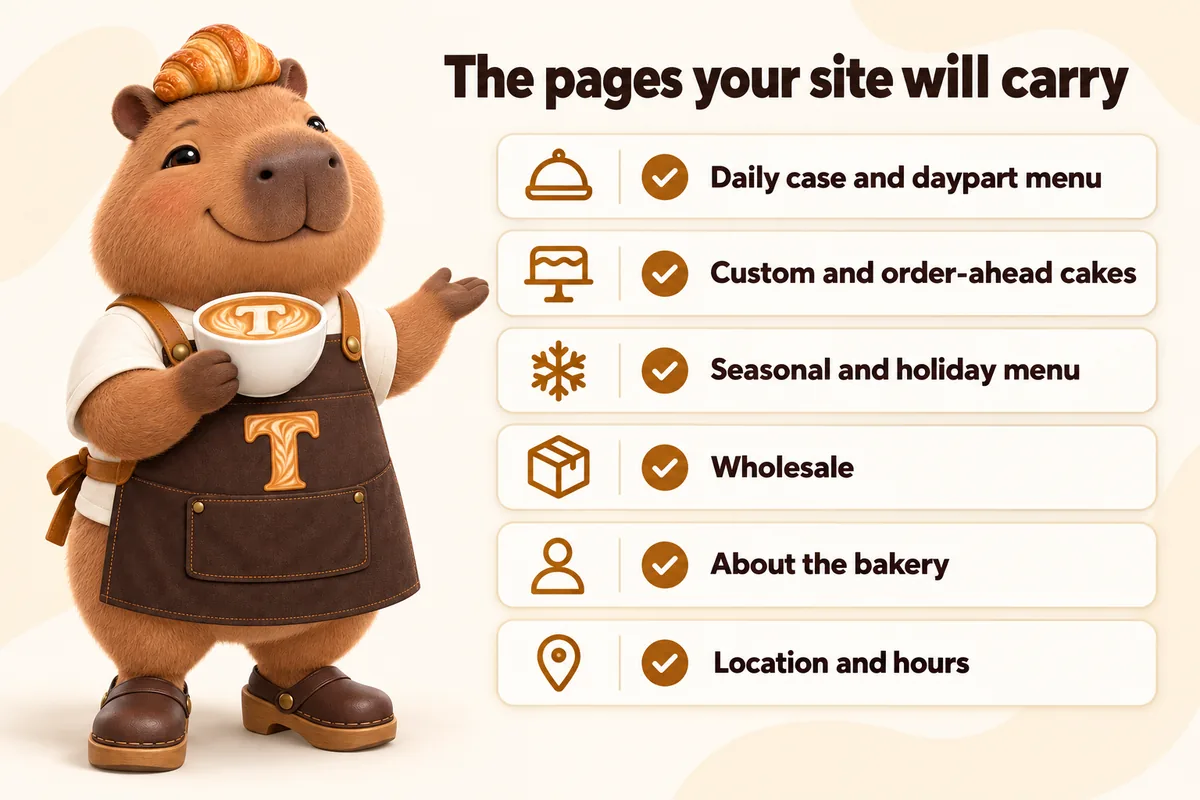 Infographic with Toast the mascot: The pages your site will carry. Daily case and daypart menu, custom and order-ahead cakes, seasonal and holiday menu, wholesale, about the bakery, location and hours.