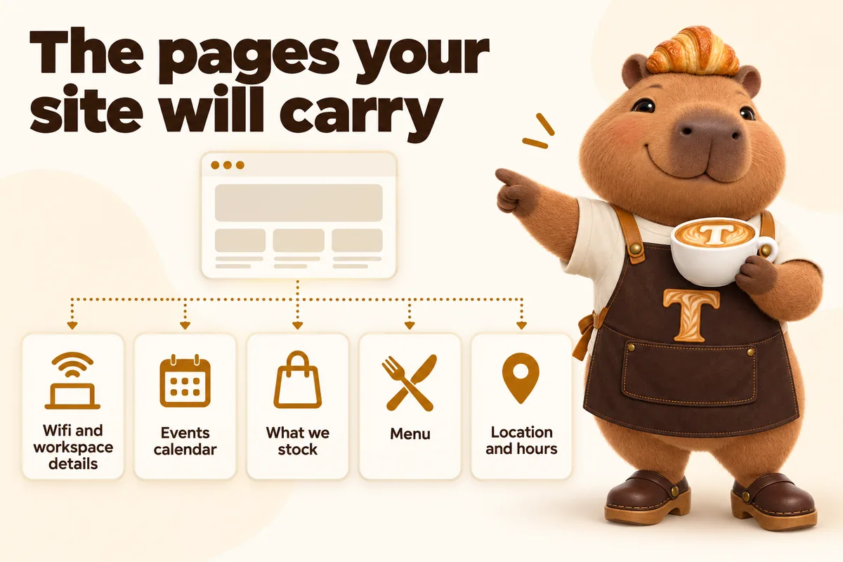 Infographic with Toast the mascot: The pages your site will carry. Wifi and workspace details, events calendar, what we stock, menu, location and hours.