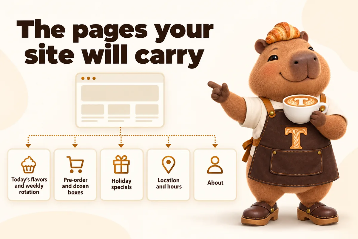 Infographic with Toast the mascot: The pages your site will carry. Today's flavors and weekly rotation, pre-order and dozen boxes, holiday specials, location and hours, about.