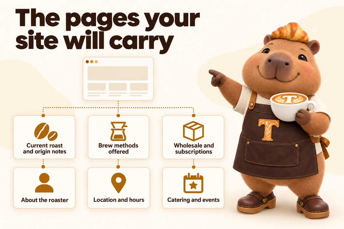 Infographic with Toast the mascot: The pages your site will carry. Current roast and origin notes, brew methods offered, wholesale and subscriptions, about the roaster, location and hours, catering and events.