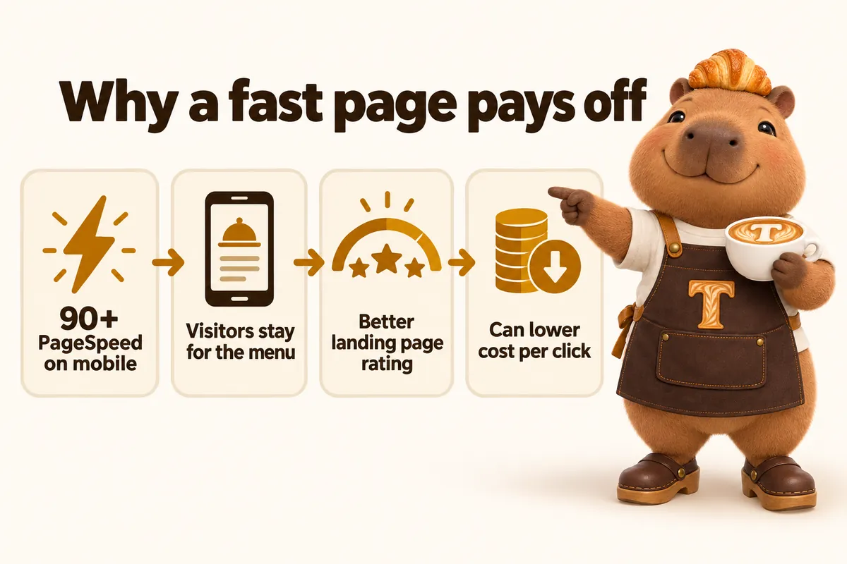 Infographic with Toast the mascot: Why a fast page pays off. 90+ PageSpeed on mobile, visitors stay for the menu, better landing page rating, can lower cost per click.