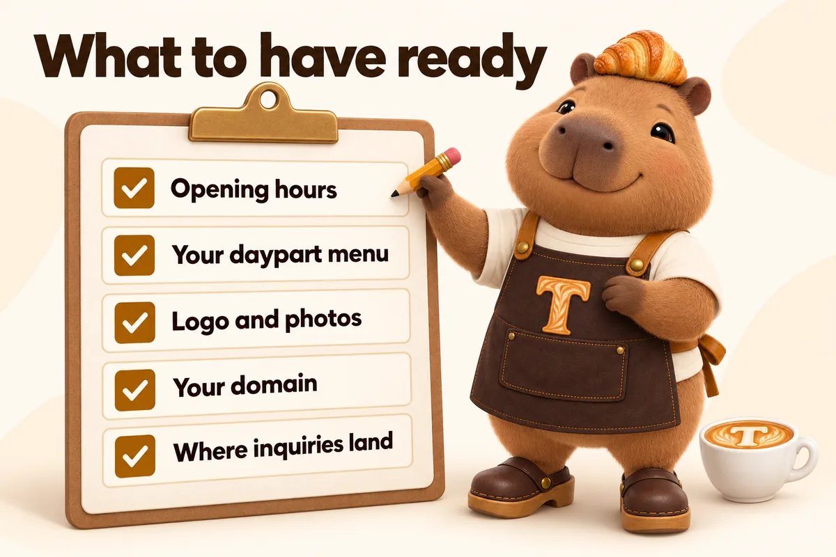 Infographic with Toast the mascot: What to have ready. Opening hours, your daypart menu, logo and photos, your domain, where inquiries land.