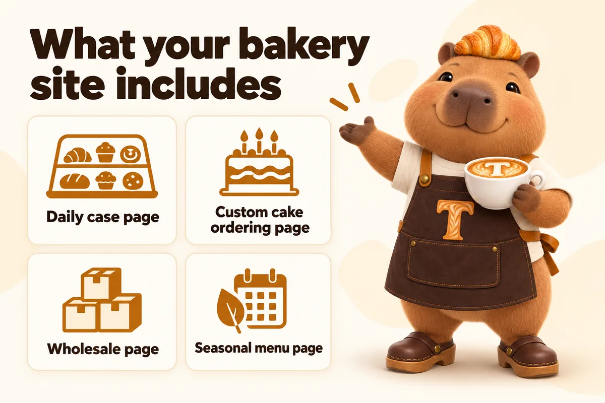 Infographic with Toast the mascot: What your bakery site includes. Daily case page, custom cake ordering page, wholesale page, seasonal menu page.