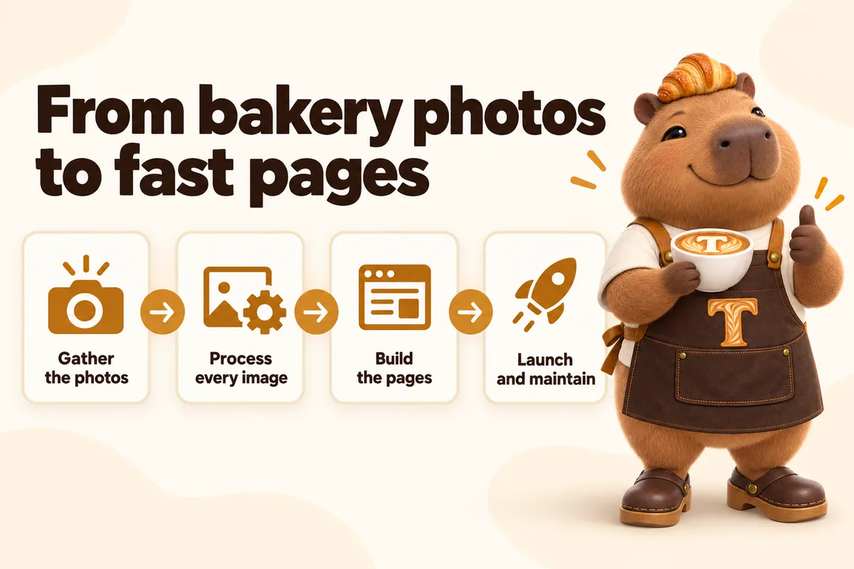 Infographic with Toast the mascot: From bakery photos to fast pages. Gather the photos, process every image, build the pages, launch and maintain.