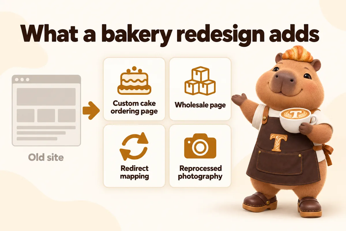 Infographic with Toast the mascot: What a bakery redesign adds. Old site to: custom cake ordering page, wholesale page, redirect mapping, reprocessed photography.
