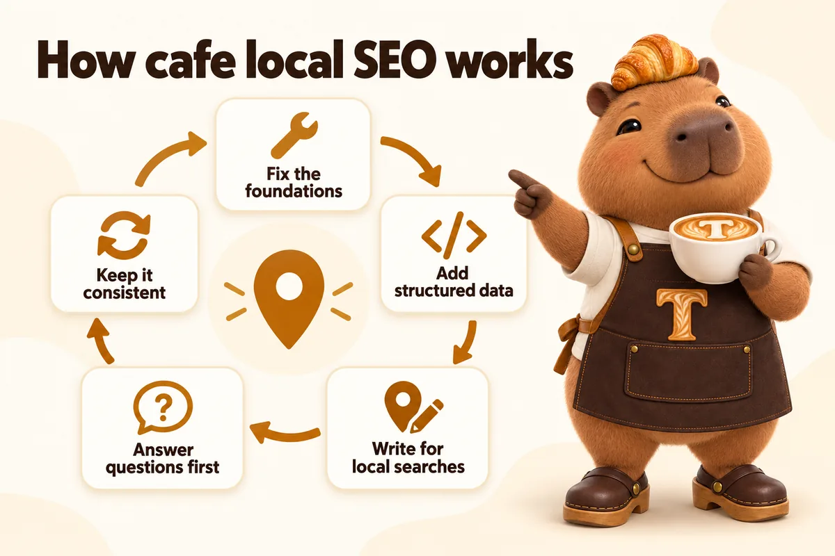 Infographic with Toast the mascot: How cafe local SEO works. Fix the foundations, add structured data, write for local searches, answer questions first, keep it consistent.