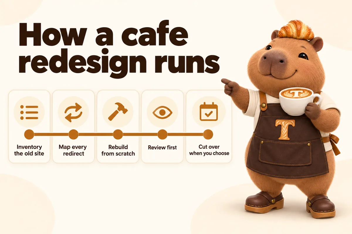 Infographic with Toast the mascot: How a cafe redesign runs. Inventory the old site, map every redirect, rebuild from scratch, review first, cut over when you choose.