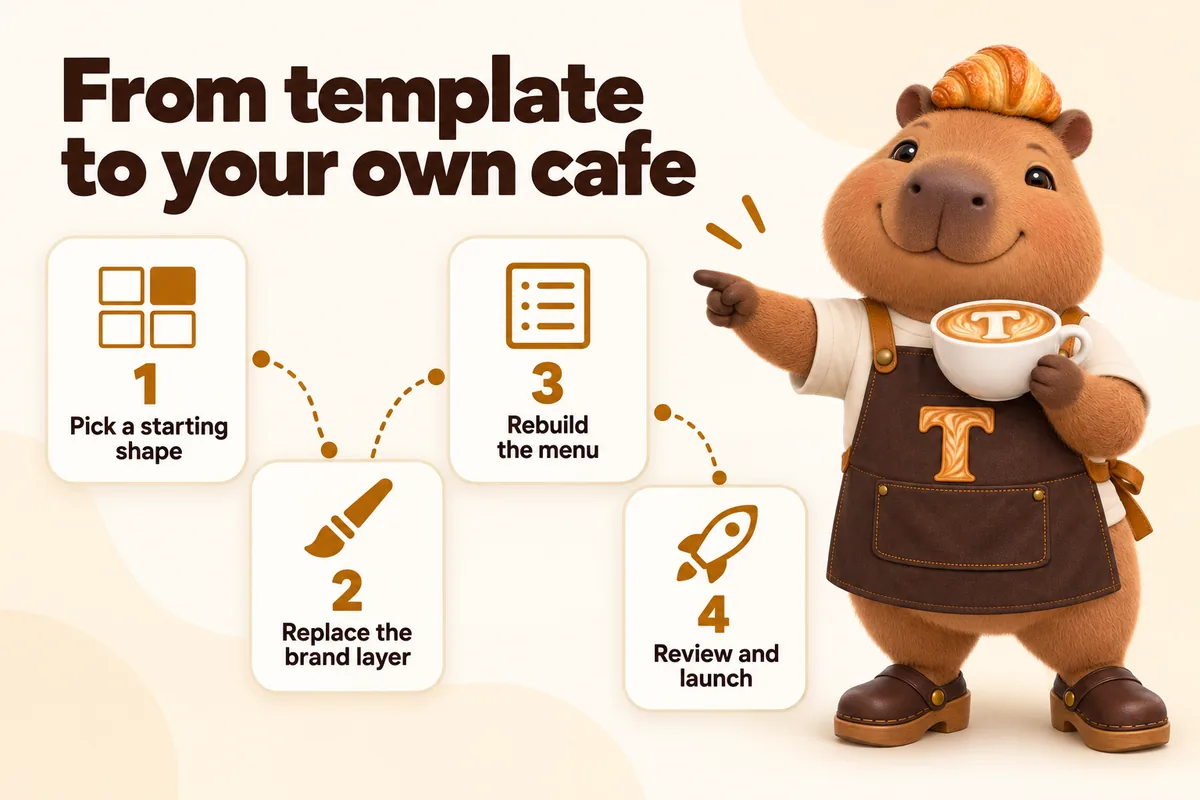 Infographic with Toast the mascot: From template to your own cafe. 1 Pick a starting shape, 2 Replace the brand layer, 3 Rebuild the menu, 4 Review and launch.
