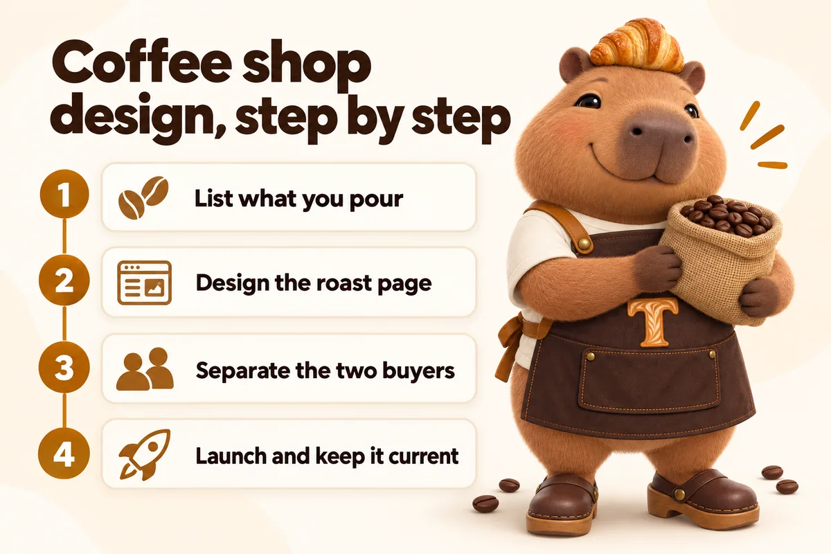 Infographic with Toast the mascot: Coffee shop design, step by step. 1 List what you pour, 2 Design the roast page, 3 Separate the two buyers, 4 Launch and keep it current.