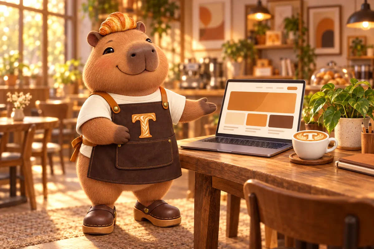 Toast, the GetCafeWebsite studio mascot, presenting a laptop with a warm website layout on screen