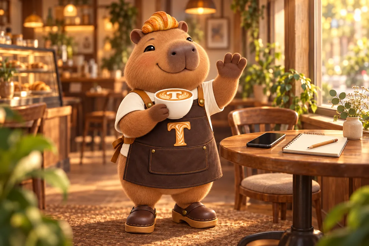Toast the capybara mascot waving beside a cafe window table with a phone and notepad on it