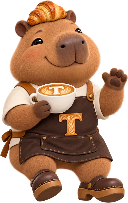 Toast, the GetCafeWebsite capybara mascot, perched on the order card with a latte, waving hello