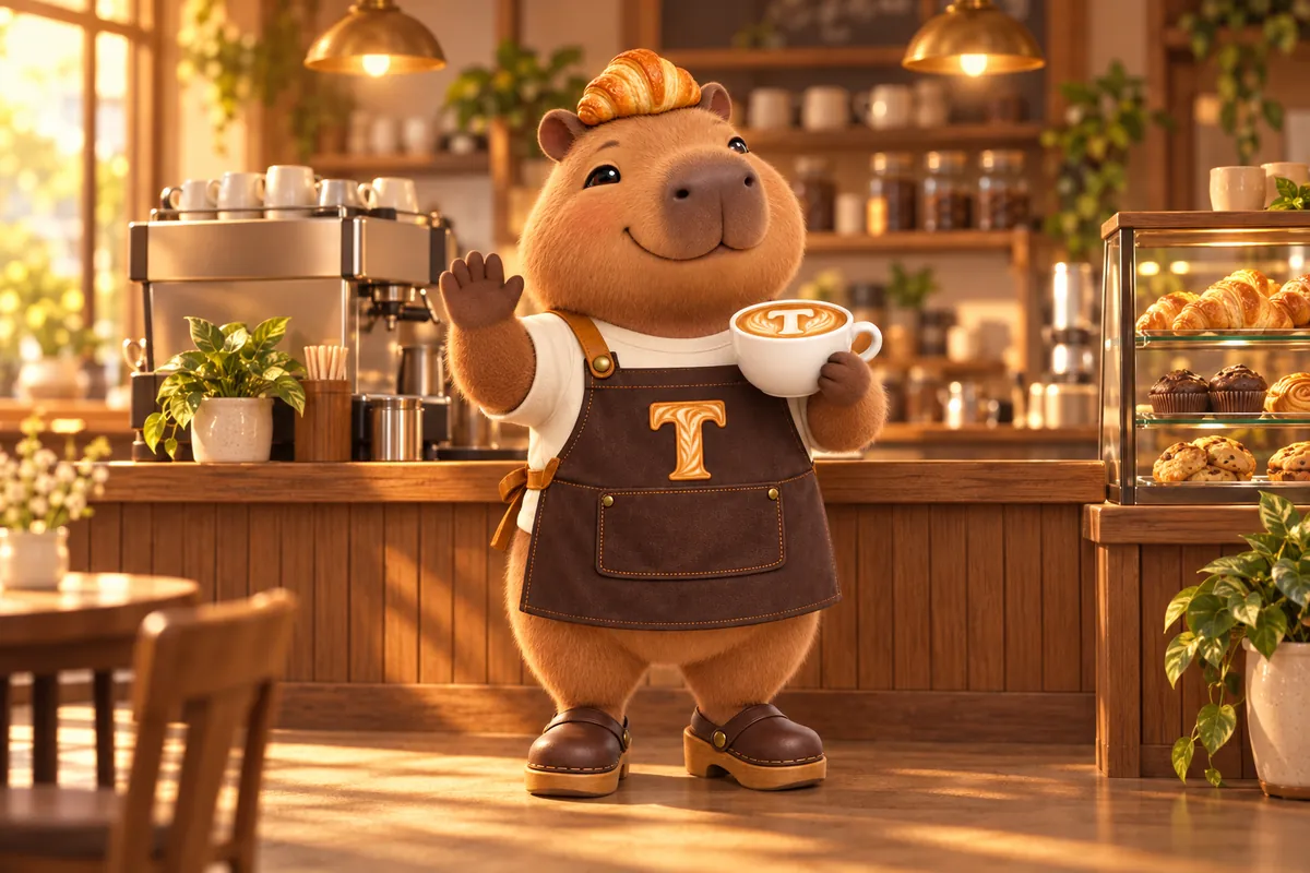 Toast, the GetCafeWebsite capybara mascot, waving hello from behind a sunlit cafe counter with a latte