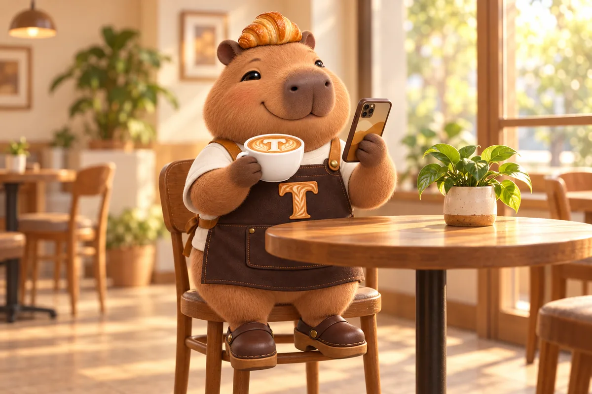 Toast the capybara mascot relaxing at a sunlit cafe table on a quiet weekday, smiling at a phone, latte in paw