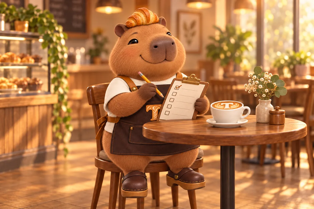 Toast the capybara mascot ticking off a paper checklist at a cafe table